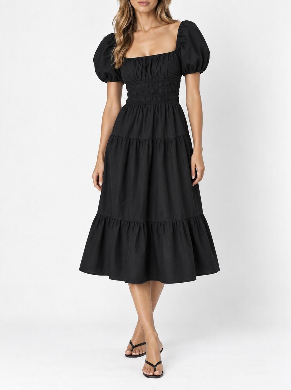 Aritzia Wilfred Allegoria Poplin Dress Black Smocked Puff Sleeve Midi Size XS